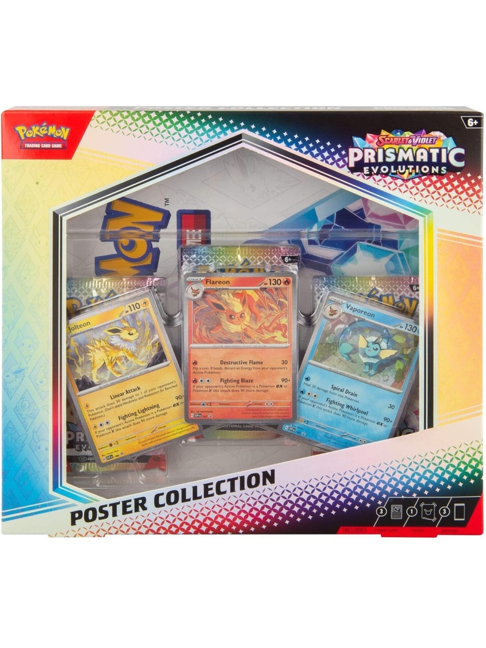 6 Pokemon Prismatic Evolution Poster Collection‎ with Yellow, Orange, Blue Cards